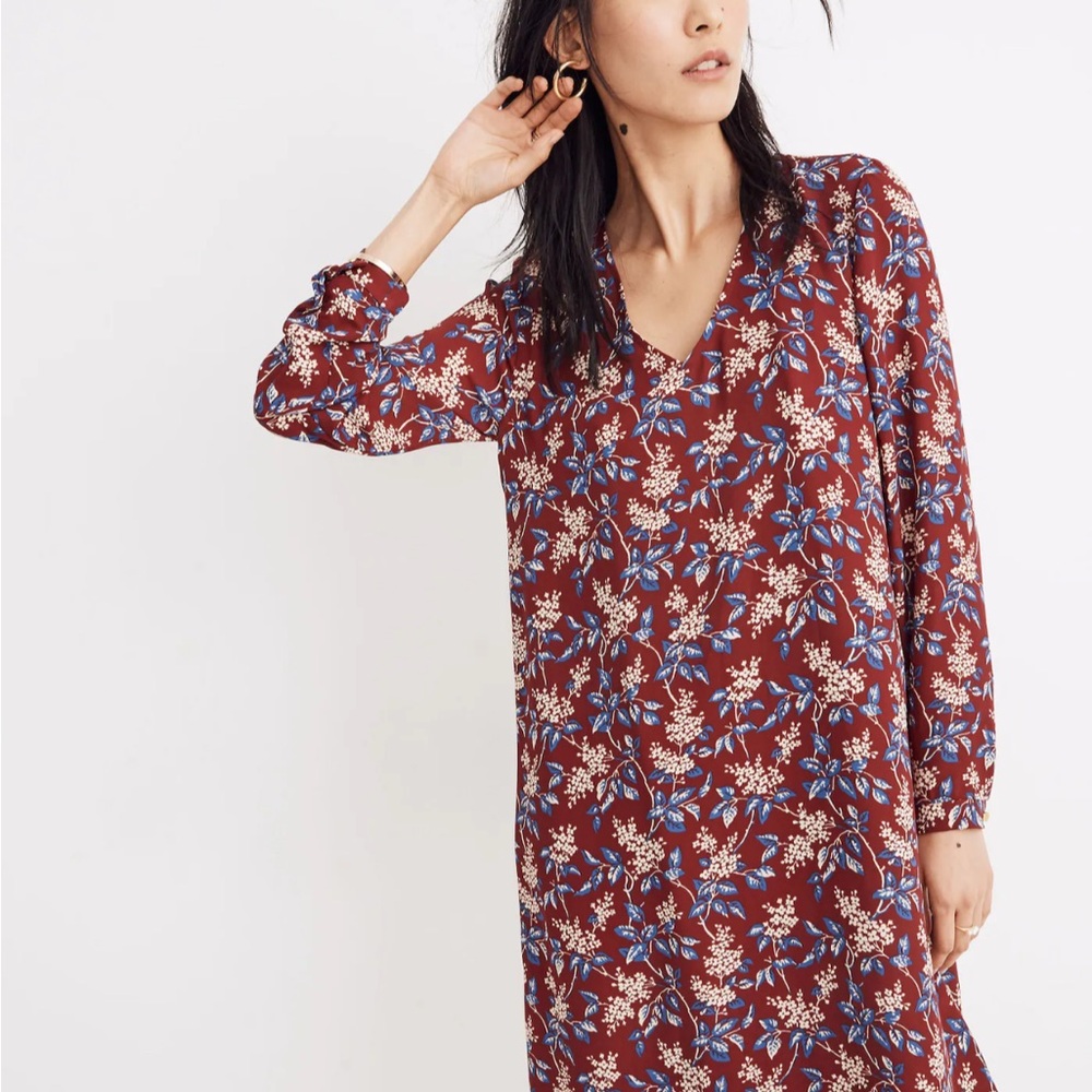 Madewell Antique Flora Dress Sz S  Wine Red Floral Long Sleeve Mini Button-Back